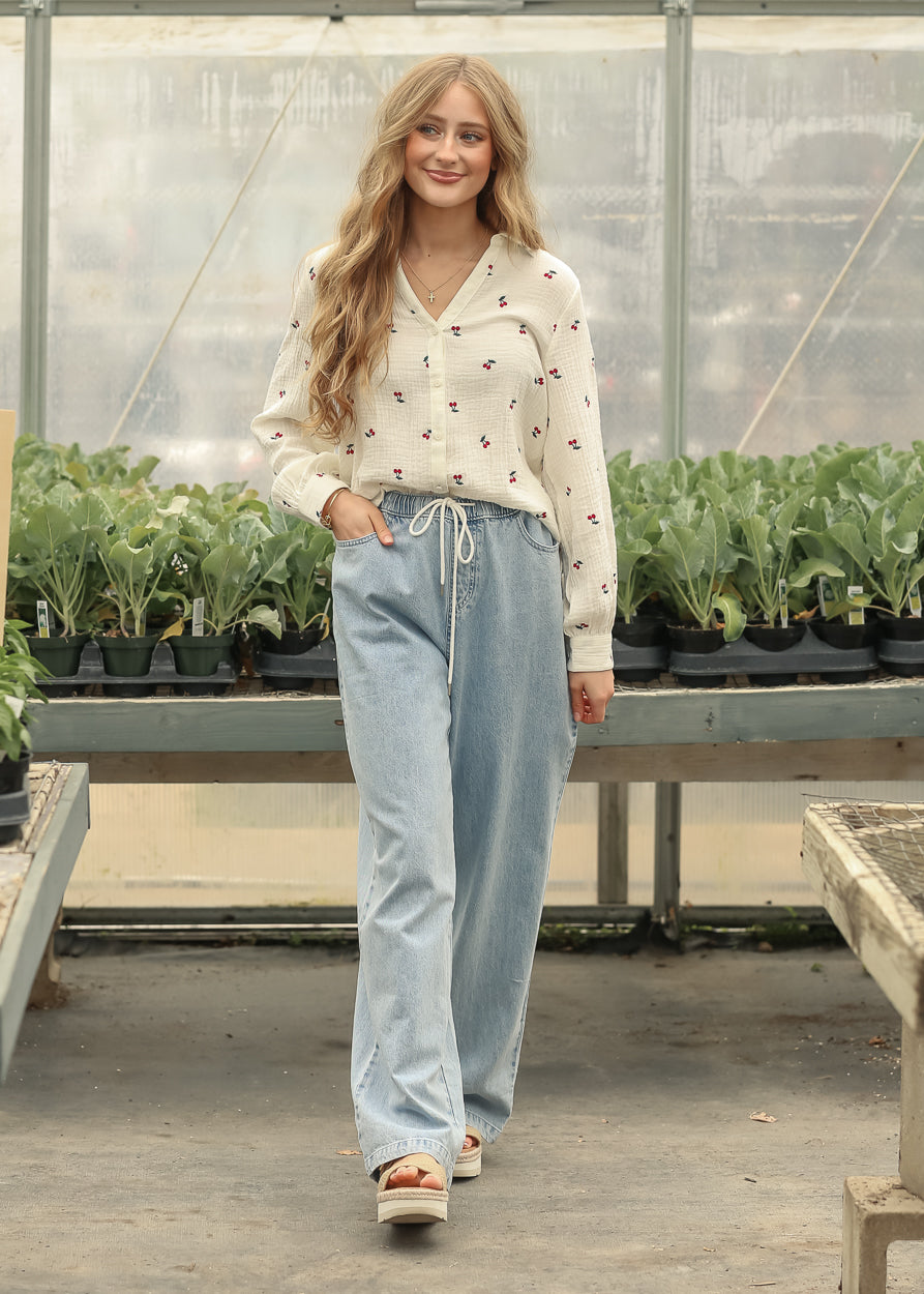 Embroidered Cherry Gauze Top FF Tops