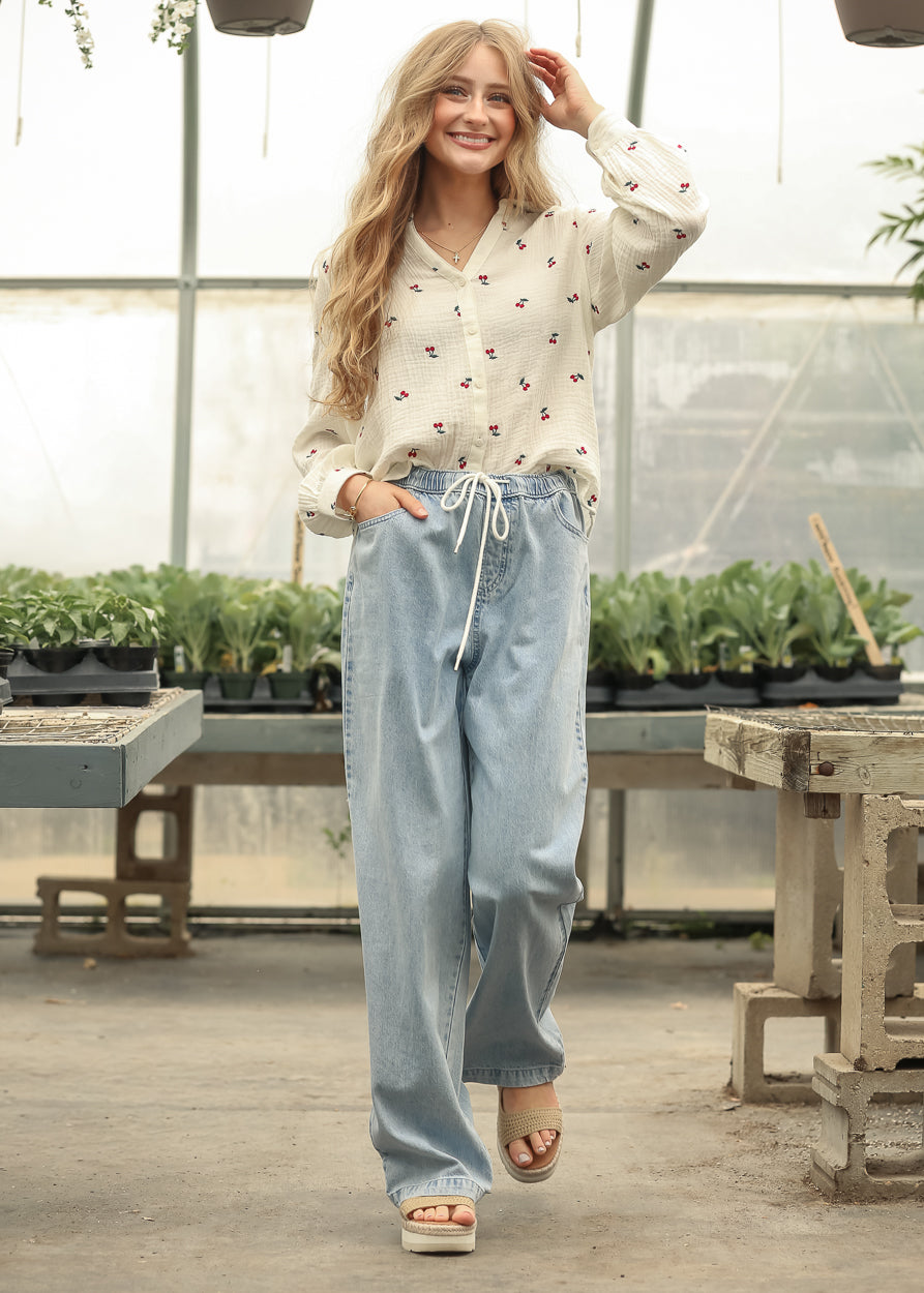 Embroidered Cherry Gauze Top FF Tops