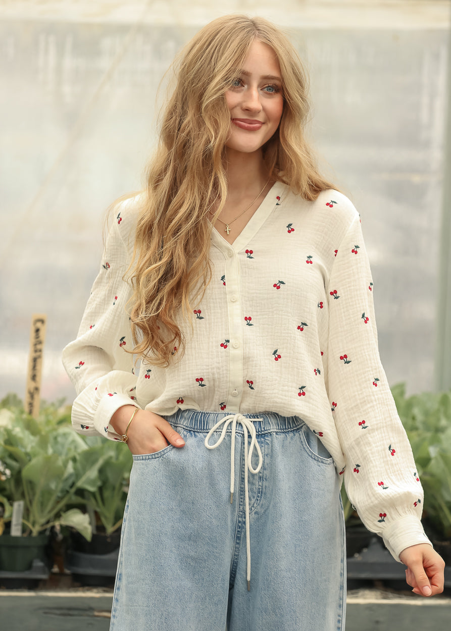 Embroidered Cherry Gauze Top FF Tops