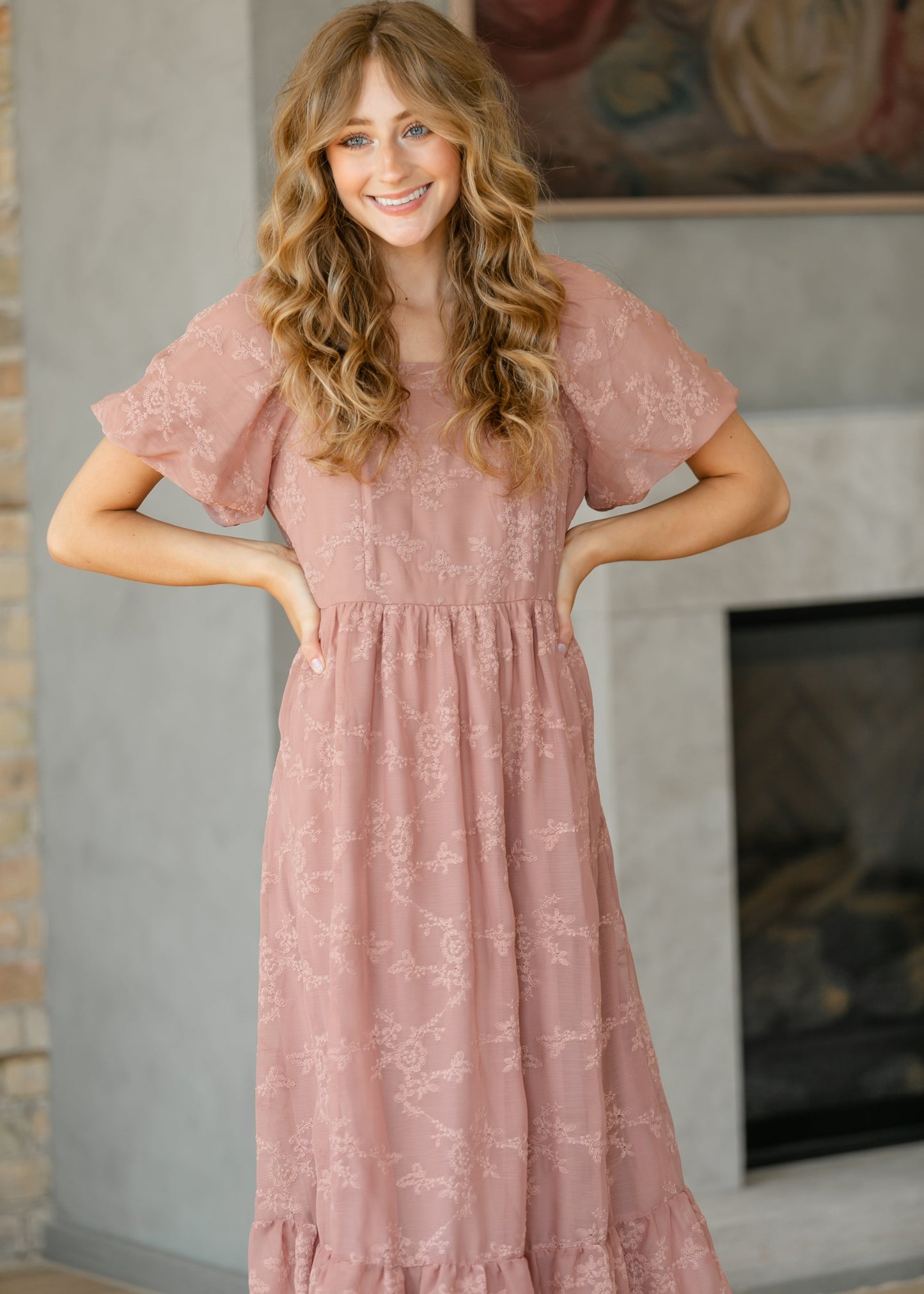 Embroidered Chiffon Ruffle Sleeve Midi Dress FF Dresses