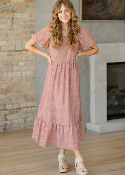 Embroidered Chiffon Ruffle Sleeve Midi Dress FF Dresses