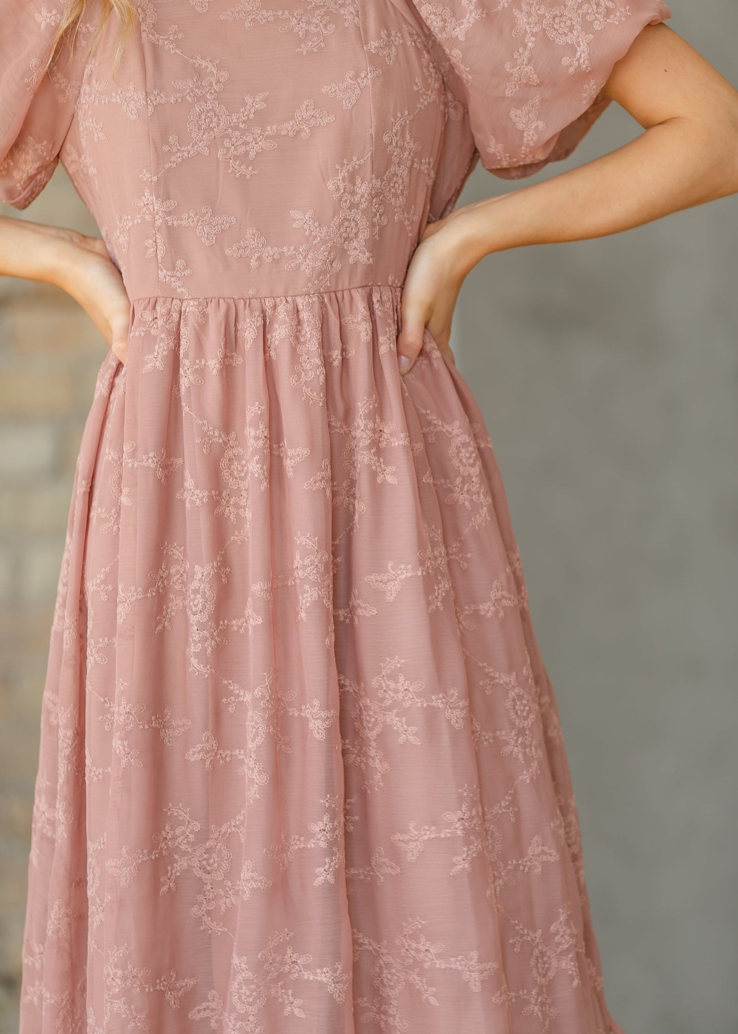 Embroidered Chiffon Ruffle Sleeve Midi Dress FF Dresses