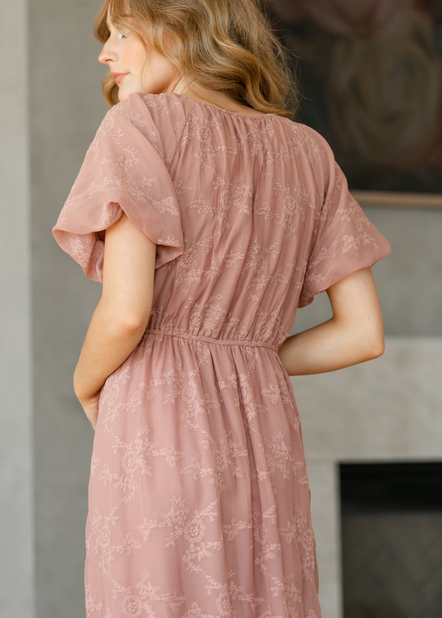 Embroidered Chiffon Ruffle Sleeve Midi Dress FF Dresses