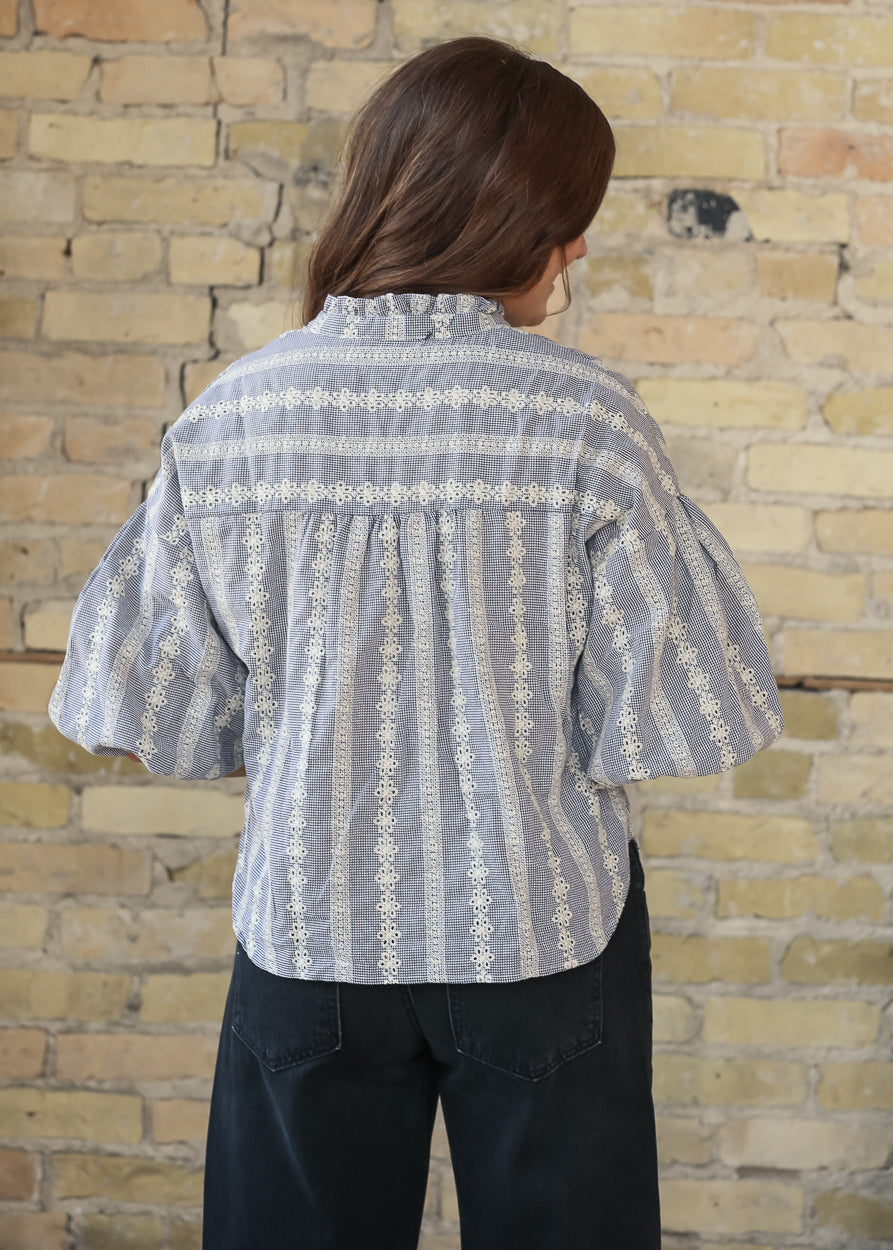 Embroidered Eyelet Ruffle Neck Top FF Tops