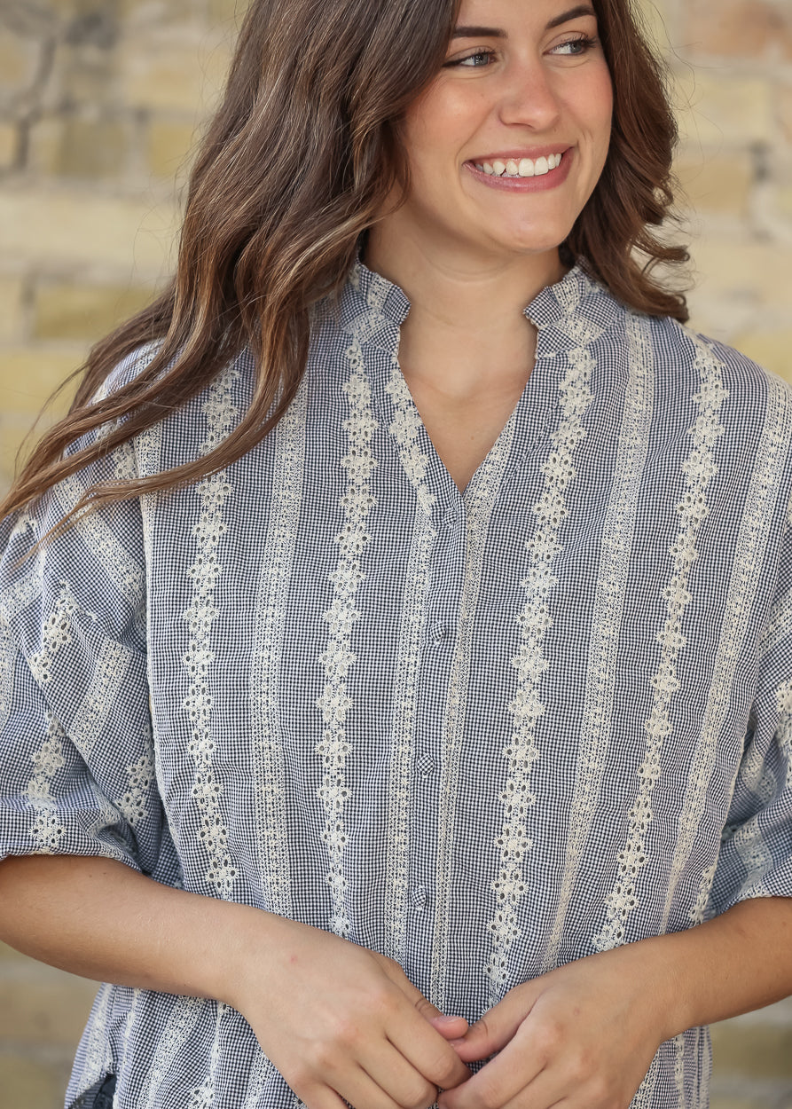 Embroidered Eyelet Ruffle Neck Top FF Tops