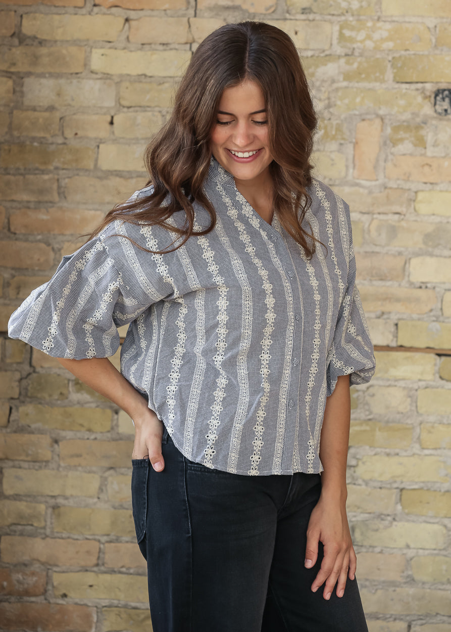 Embroidered Eyelet Ruffle Neck Top FF Tops