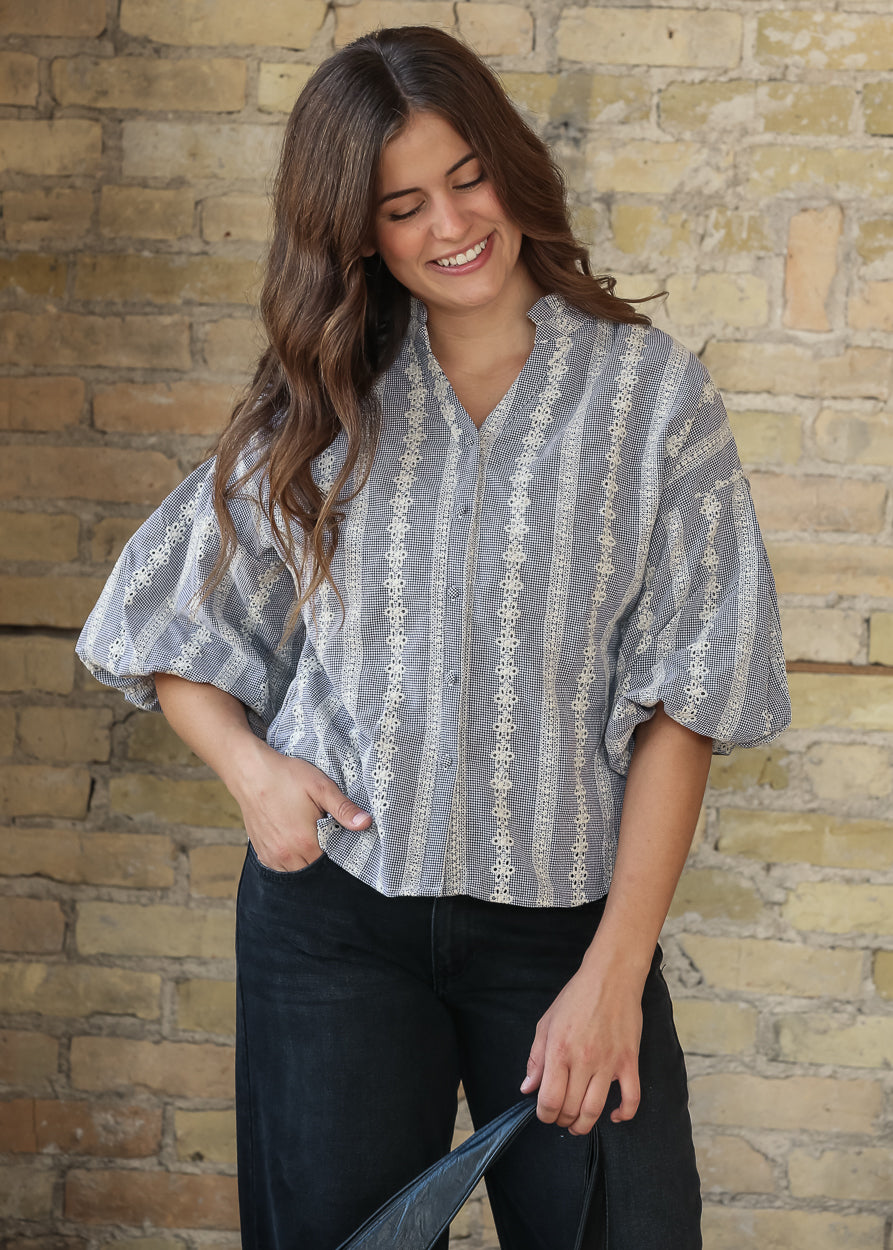 Embroidered Eyelet Ruffle Neck Top FF Tops S