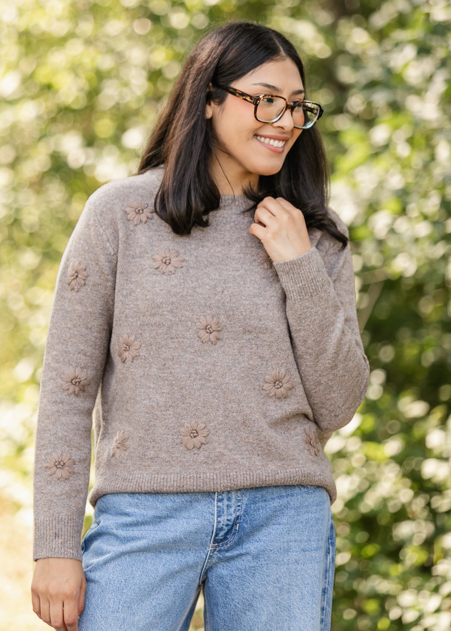 Embroidered Floral Crewneck Sweater FF Tops