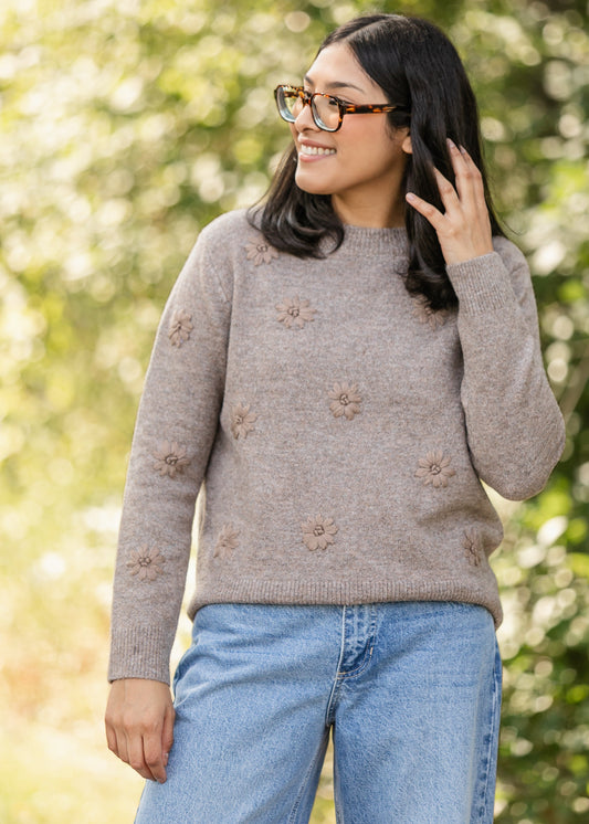 Embroidered Floral Crewneck Sweater FF Tops