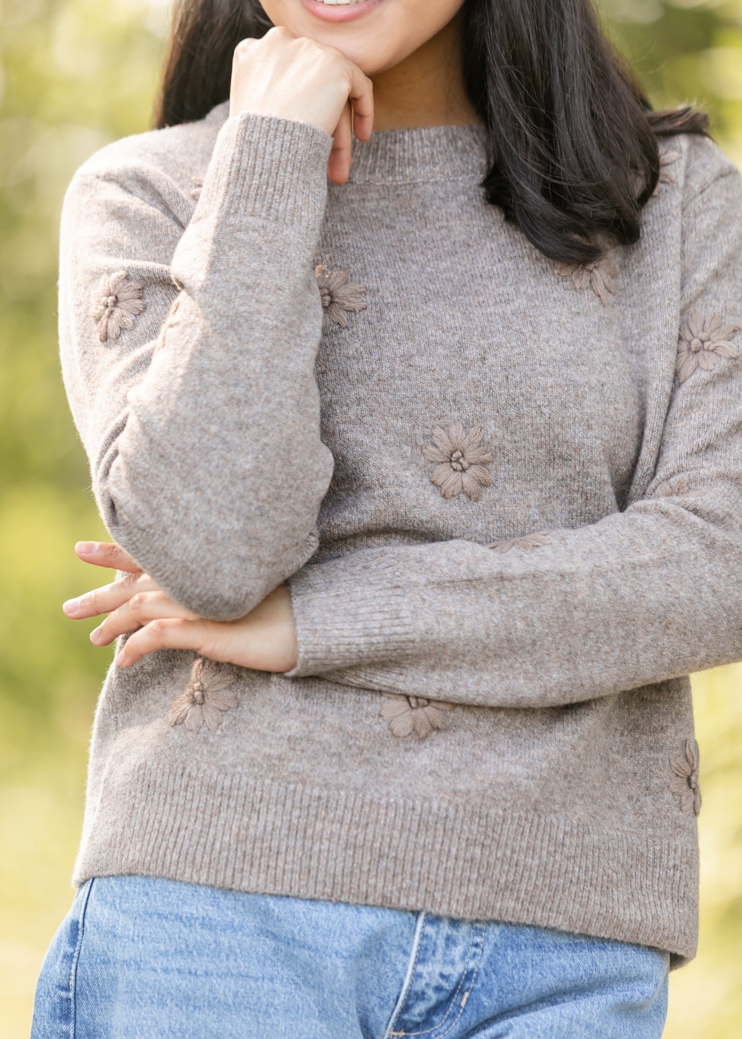 Embroidered Floral Crewneck Sweater FF Tops