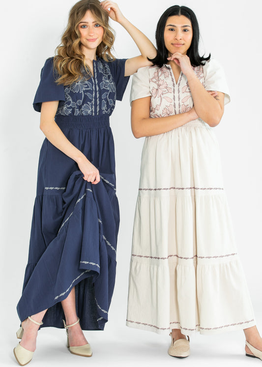 Embroidered Floral Print Maxi Tiered Dress FF Dresses