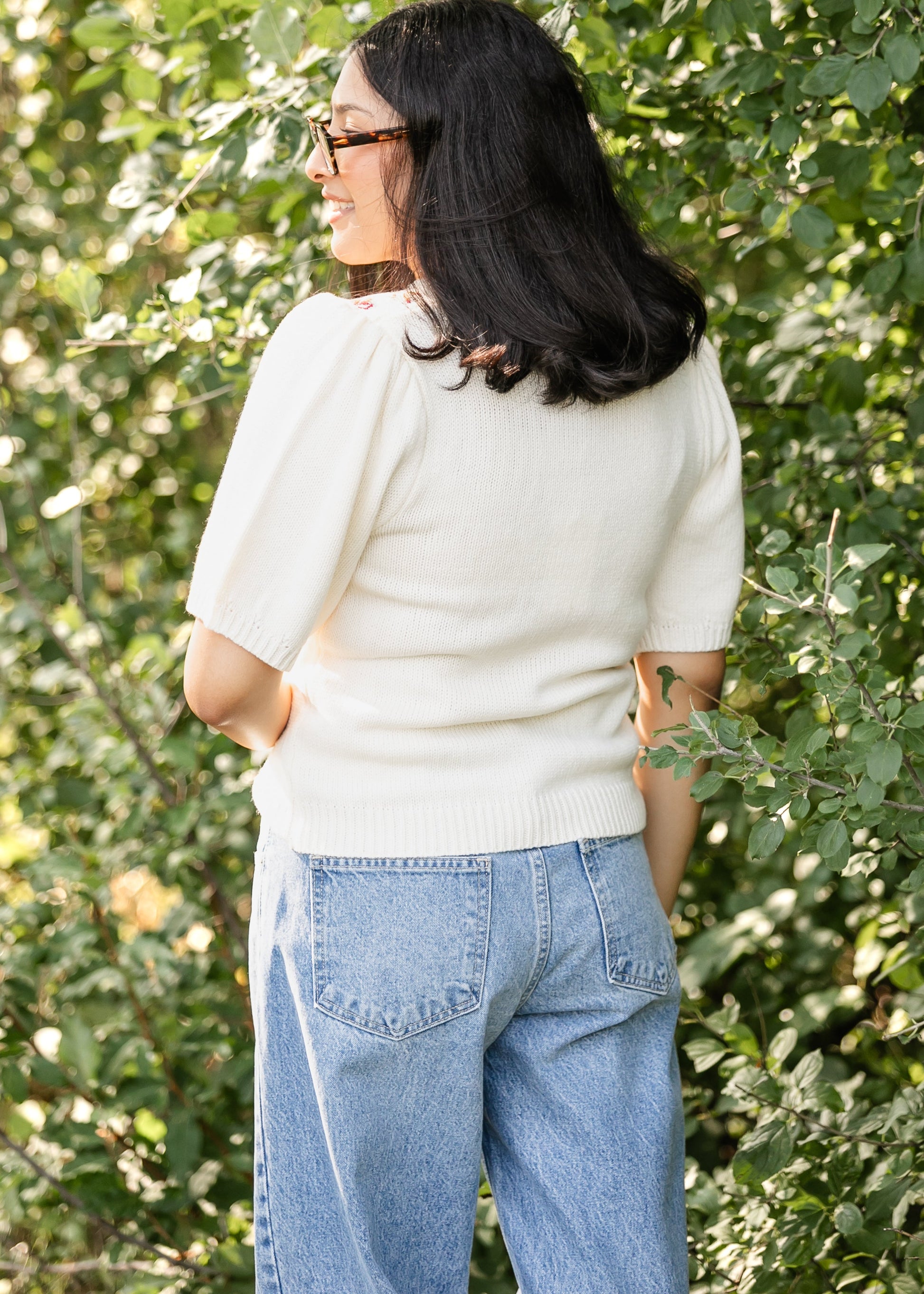 Embroidered Floral Short Sleeve Sweater FF Tops
