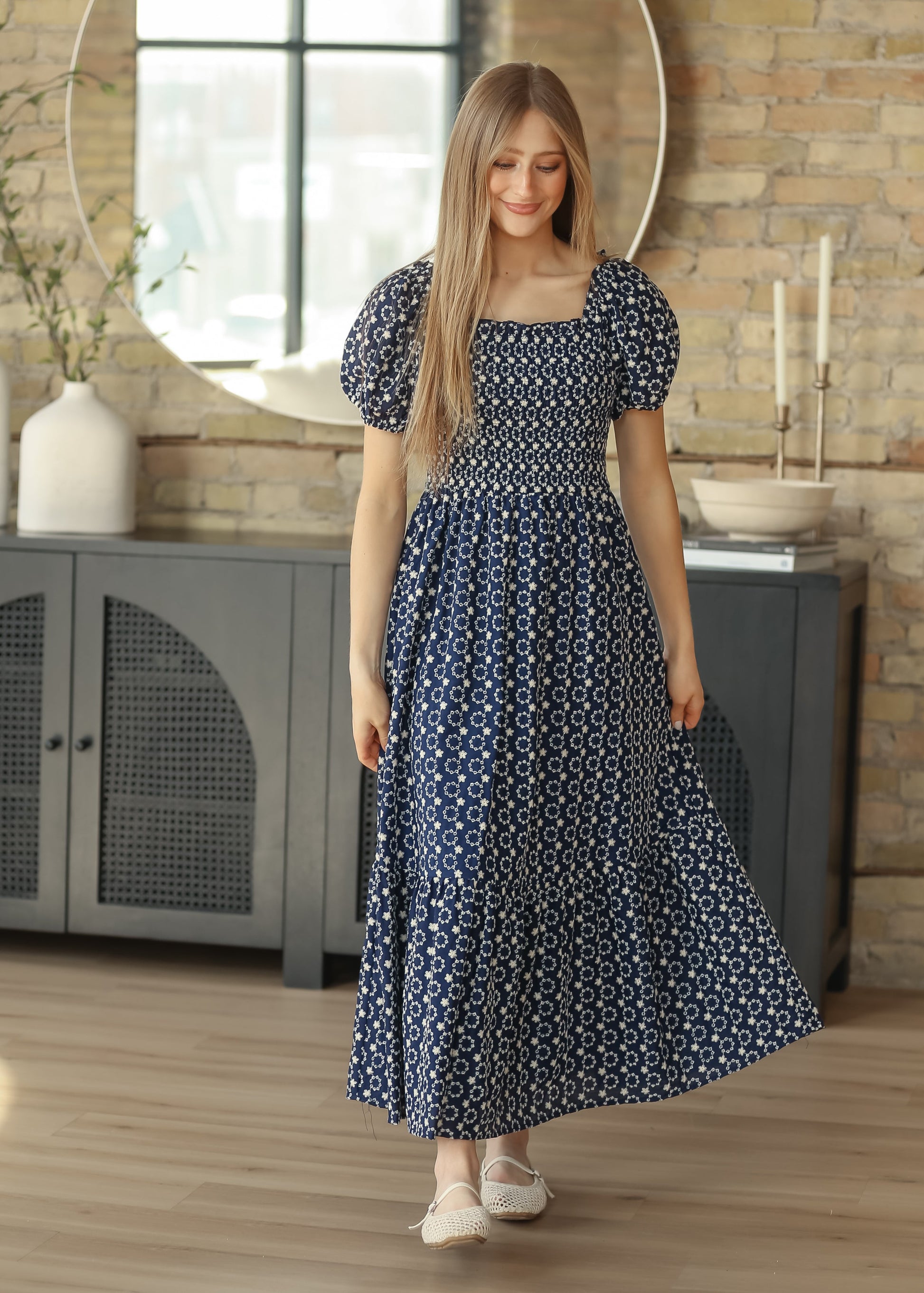 Embroidered Floral Smocked Maxi Dress, Medium Embroidered Floral Smocked Maxi Dress, Medium