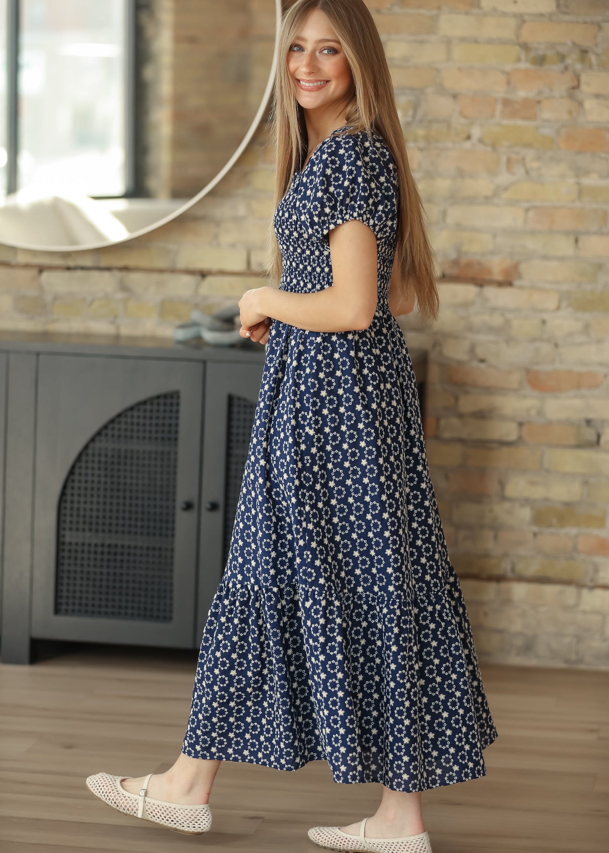 Embroidered Floral Smocked Maxi Dress, Medium