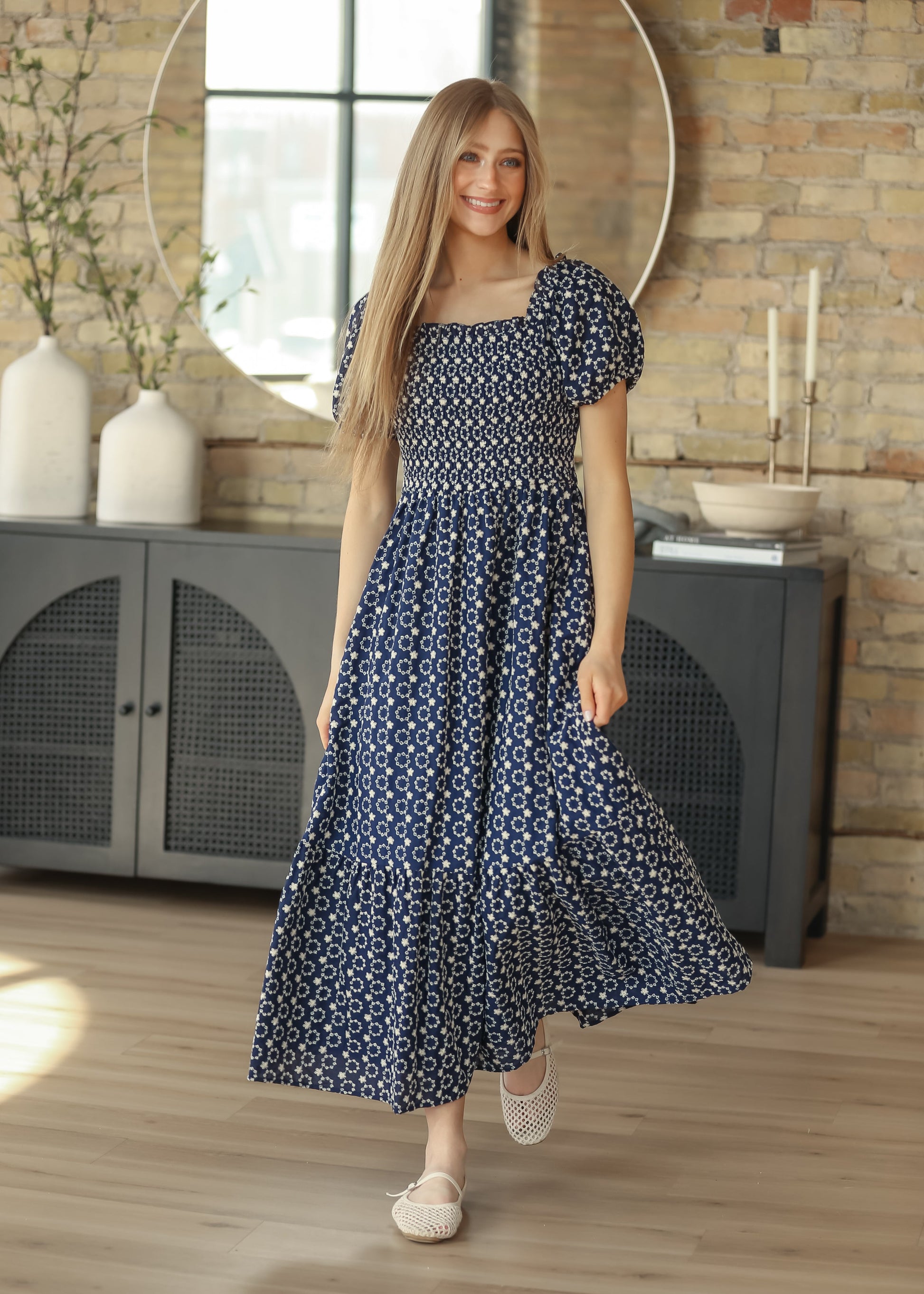 Embroidered Floral Smocked Maxi Dress, Large Embroidered Floral Smocked Maxi Dress, Large