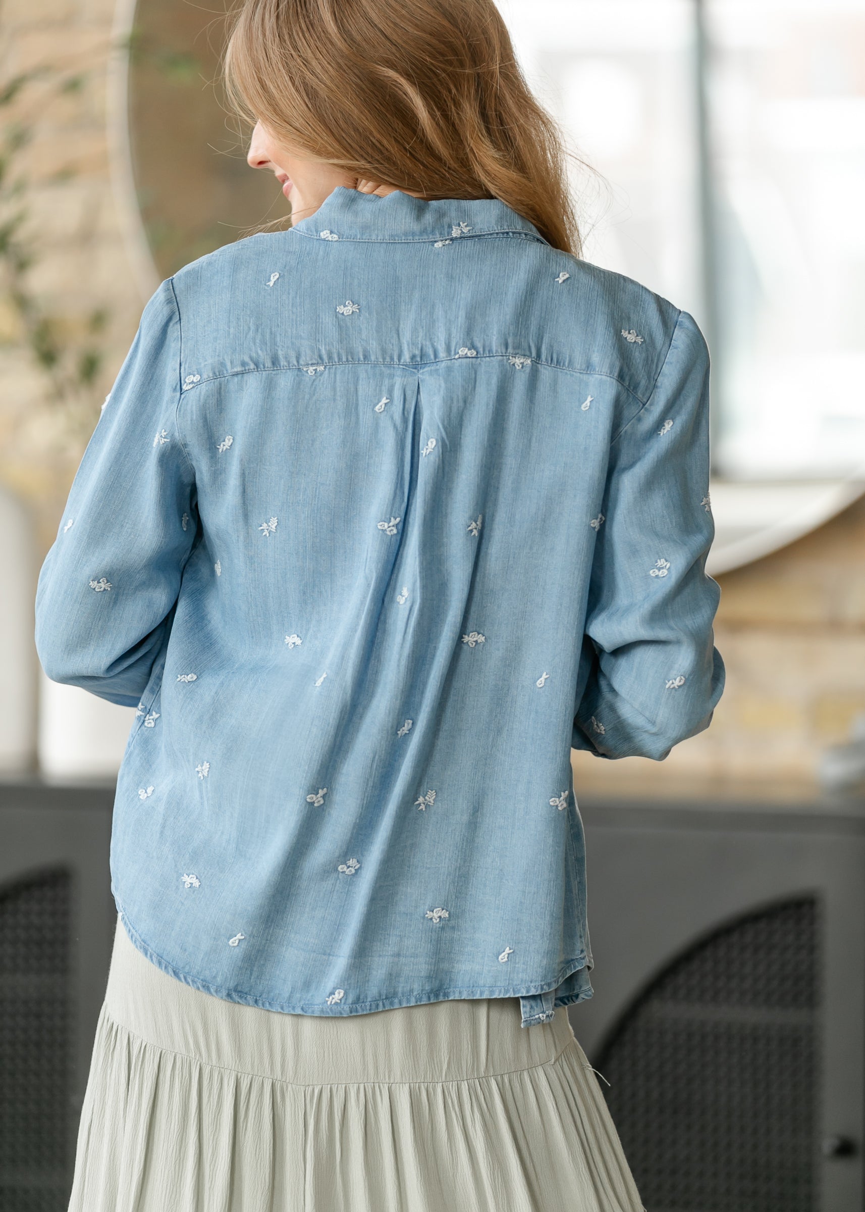 Embroidered Flower Button Front Shirt FF Tops