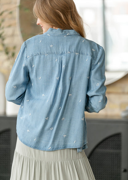 Embroidered Flower Button Front Shirt FF Tops