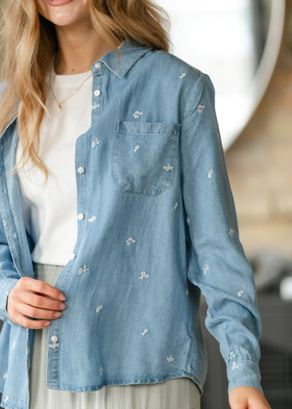 Embroidered Flower Button Front Shirt FF Tops