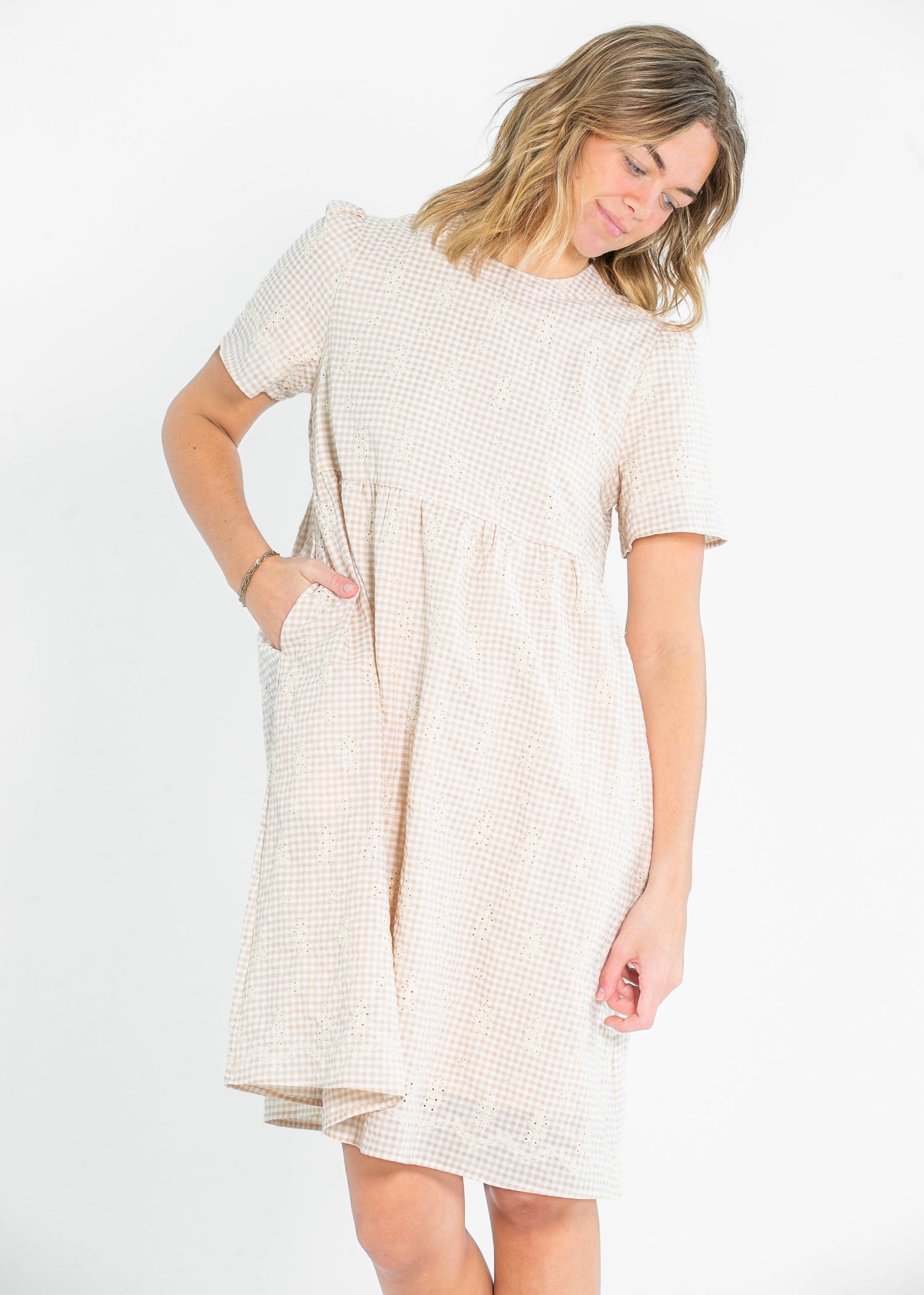Embroidered Gingham Midi Dress FF Dresses