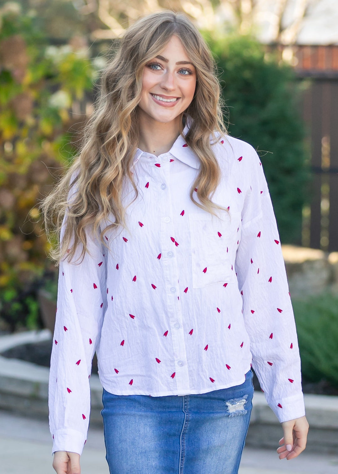Embroidered Heart Button Down Top FF Tops
