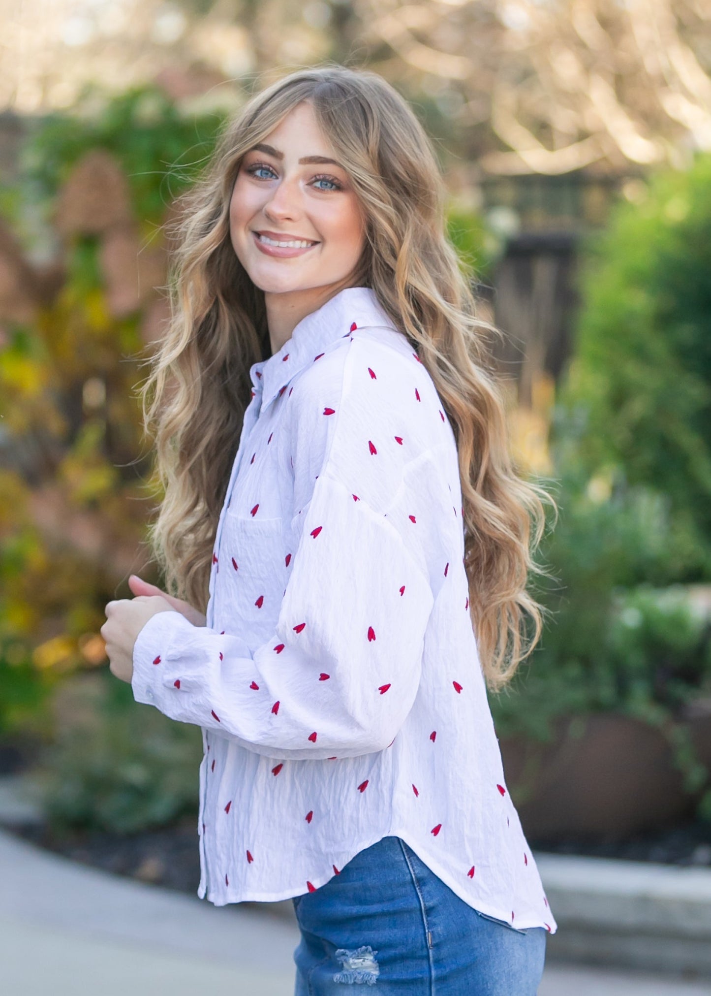 Embroidered Heart Button Down Top FF Tops