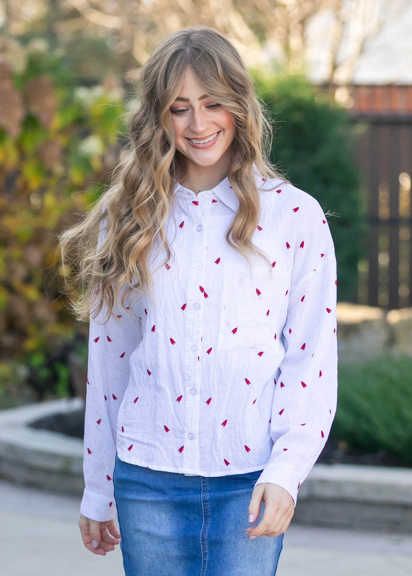 Embroidered Heart Button Down Top FF Tops