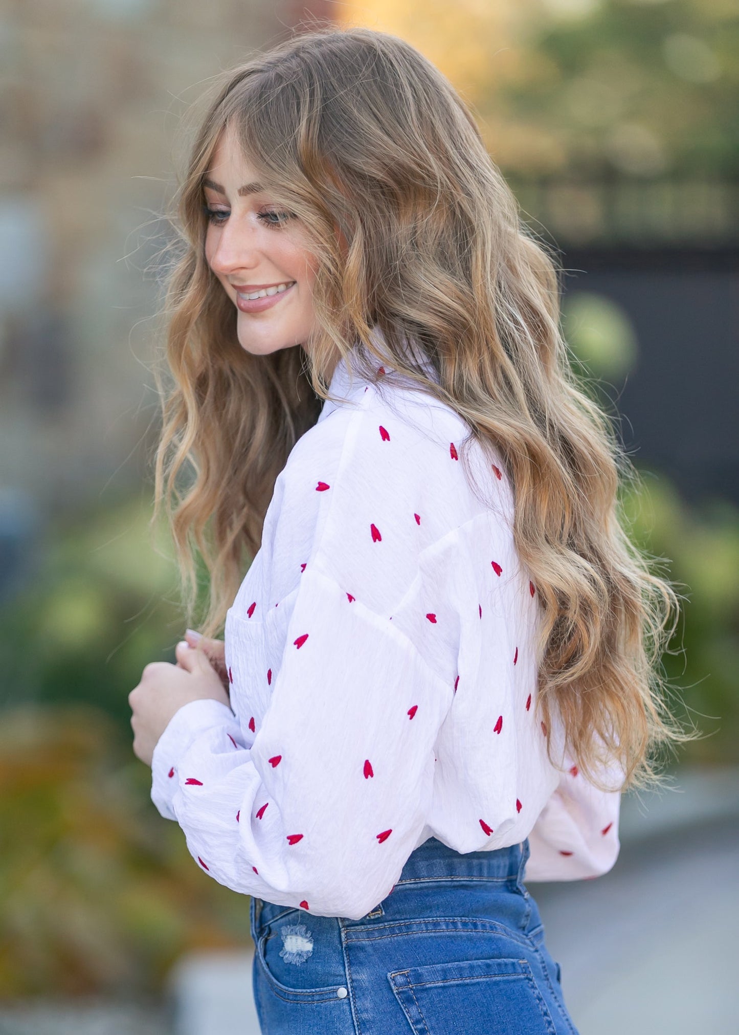 Embroidered Heart Button Down Top FF Tops