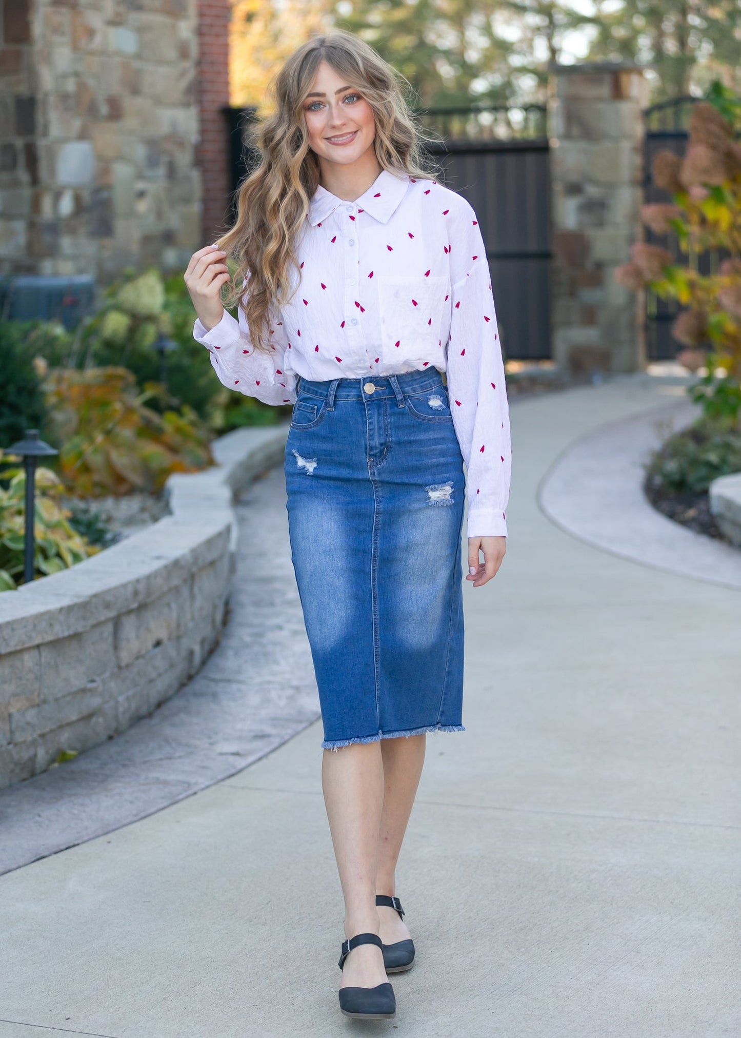 Embroidered Heart Button Down Top FF Tops