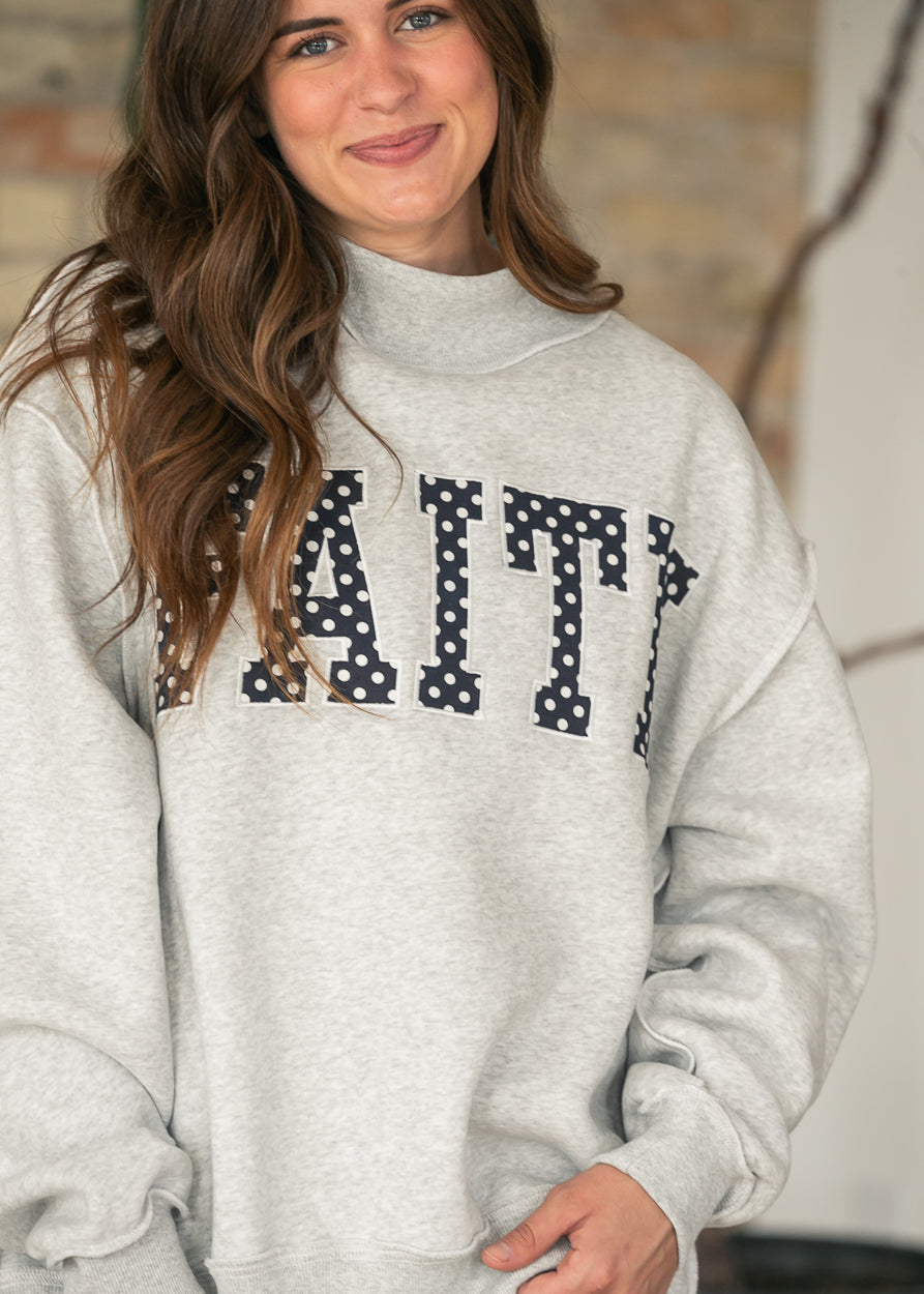 Embroidered Heather Gray Faith Mockneck Sweatshirt FF Tops
