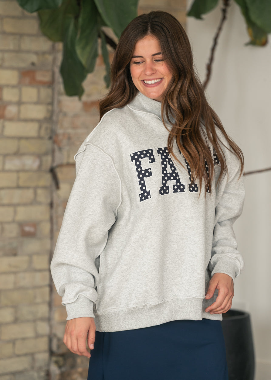 Embroidered Heather Gray Faith Mockneck Sweatshirt FF Tops