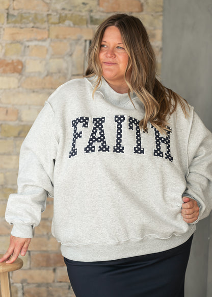 Embroidered Heather Gray Faith Mockneck Sweatshirt FF Tops