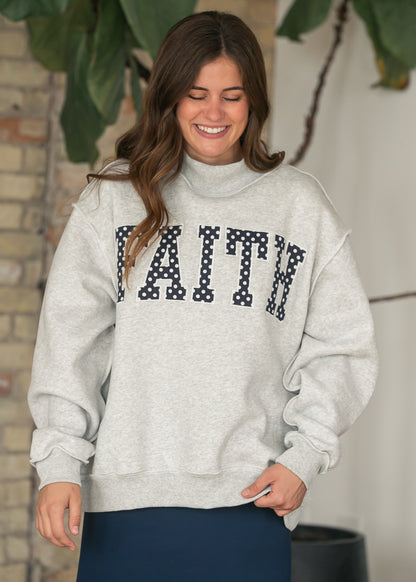 Embroidered Heather Gray Faith Mockneck Sweatshirt FF Tops