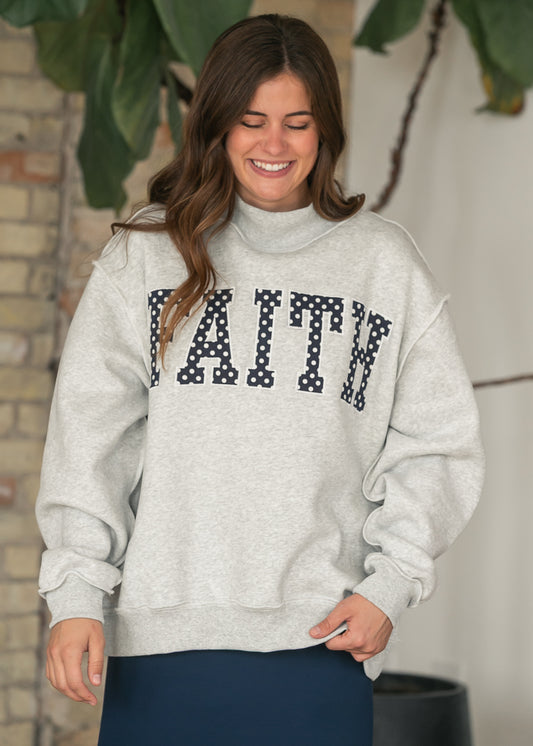 Embroidered Heather Gray Faith Mockneck Sweatshirt FF Tops