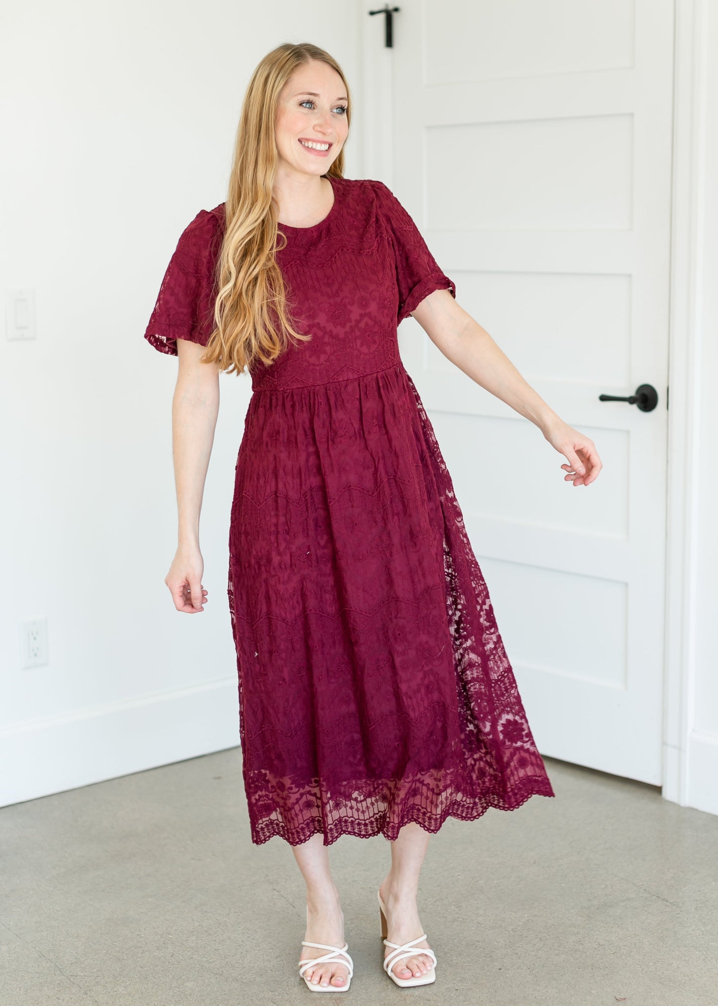 Embroidered Lace Midi Dress FF Dresses Burgundy / S