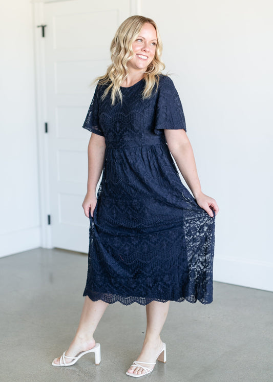 Embroidered Lace Midi Dress FF Dresses Navy / S