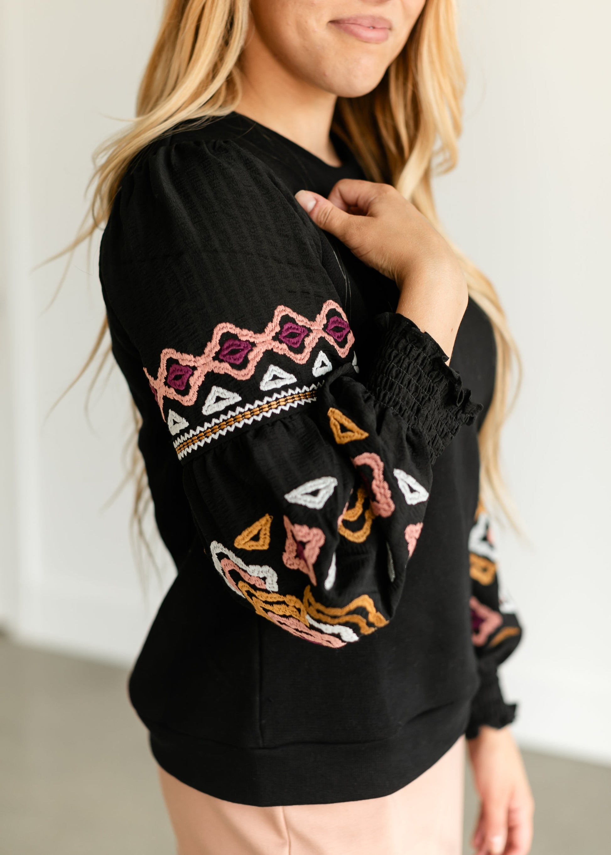 Embroidered Long Sleeve Crewneck Top FF Tops