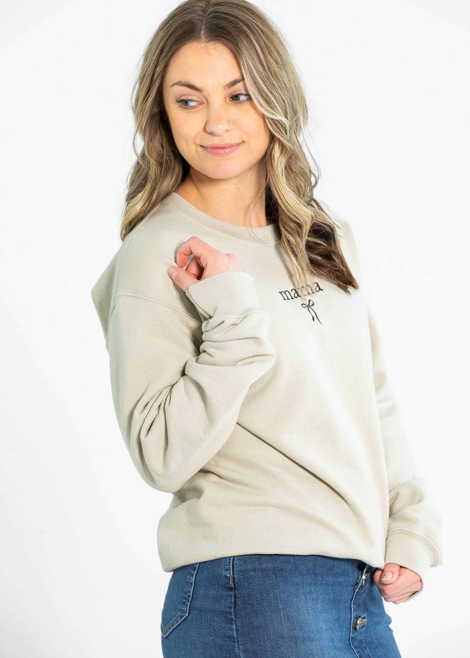 Embroidered Mama Crewneck Coquette Bow Sweatshirt FF Tops