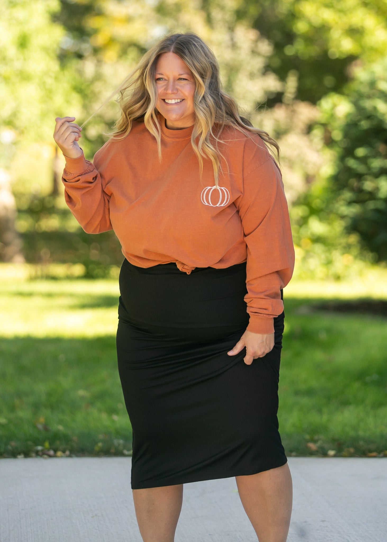 Embroidered Pumpkin Long Sleeve Graphic Tee FF Tops