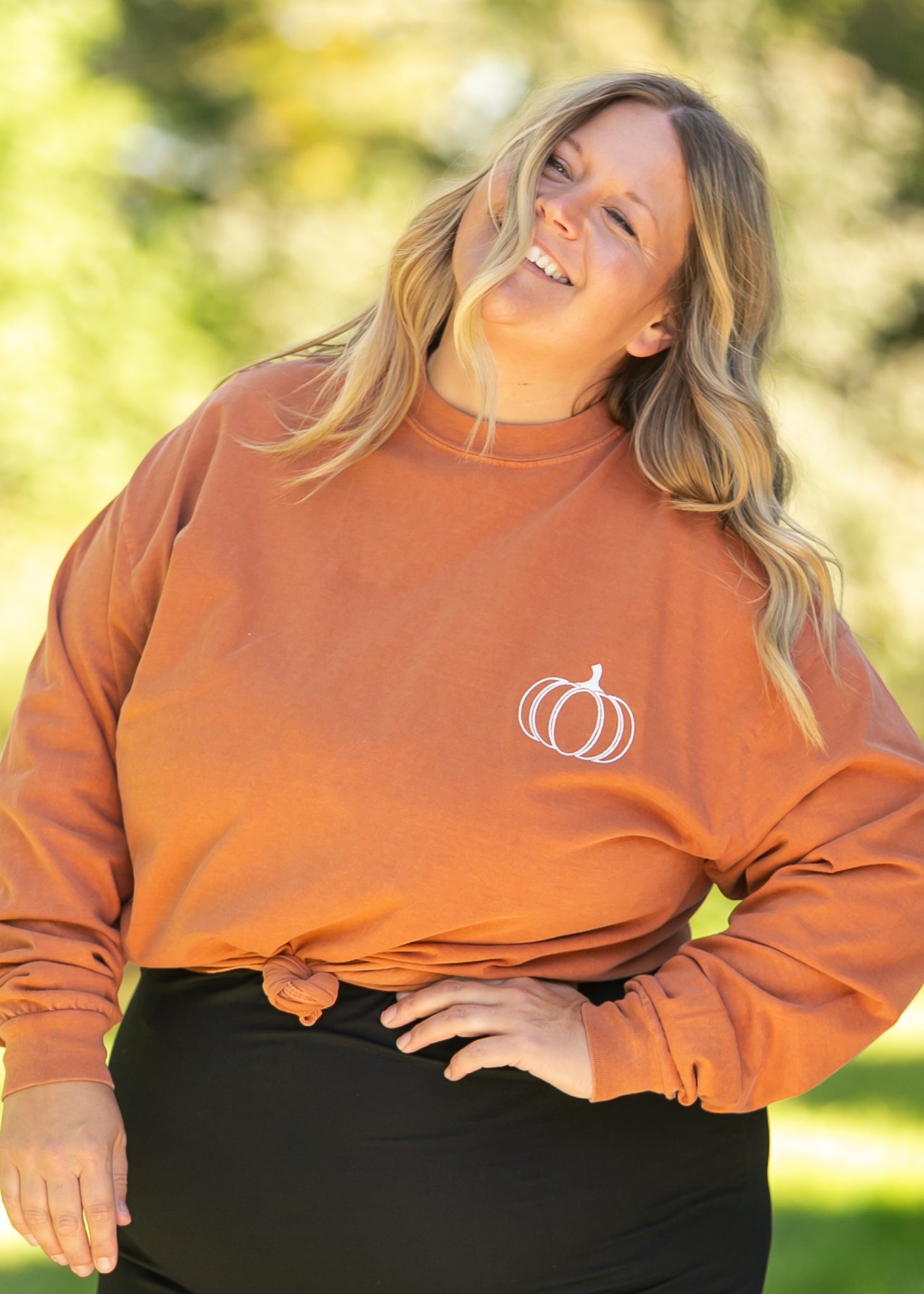 Embroidered Pumpkin Long Sleeve Graphic Tee FF Tops