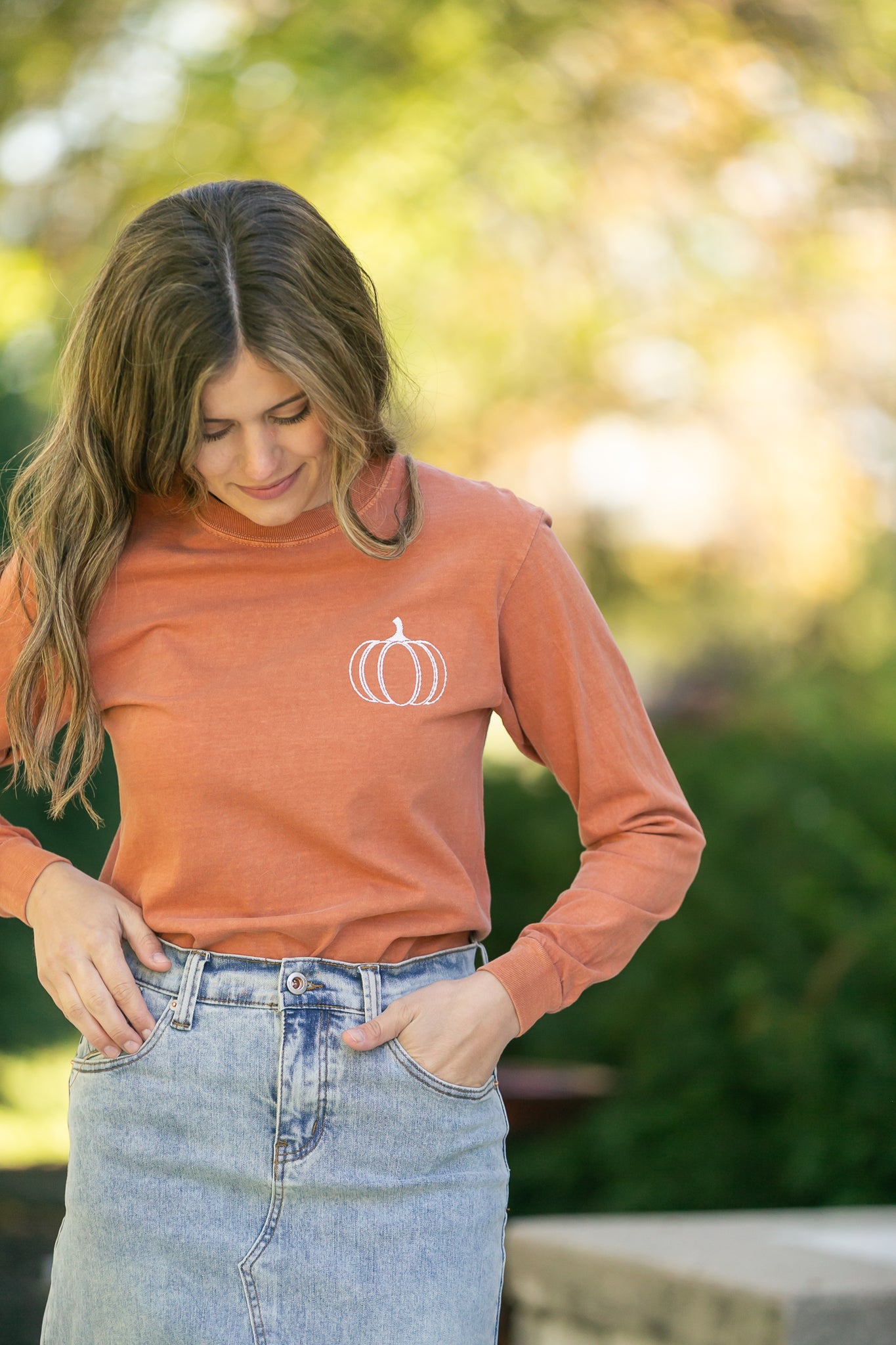 Embroidered Pumpkin Long Sleeve Graphic Tee FF Tops