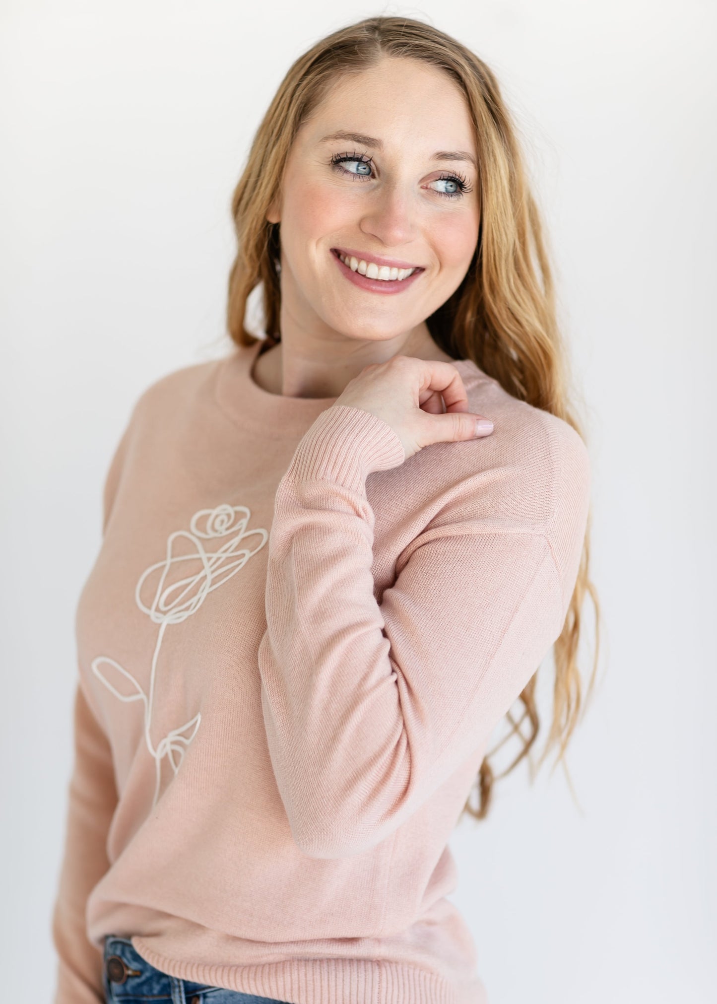 Embroidered Rose Crewneck Sweater FF Tops