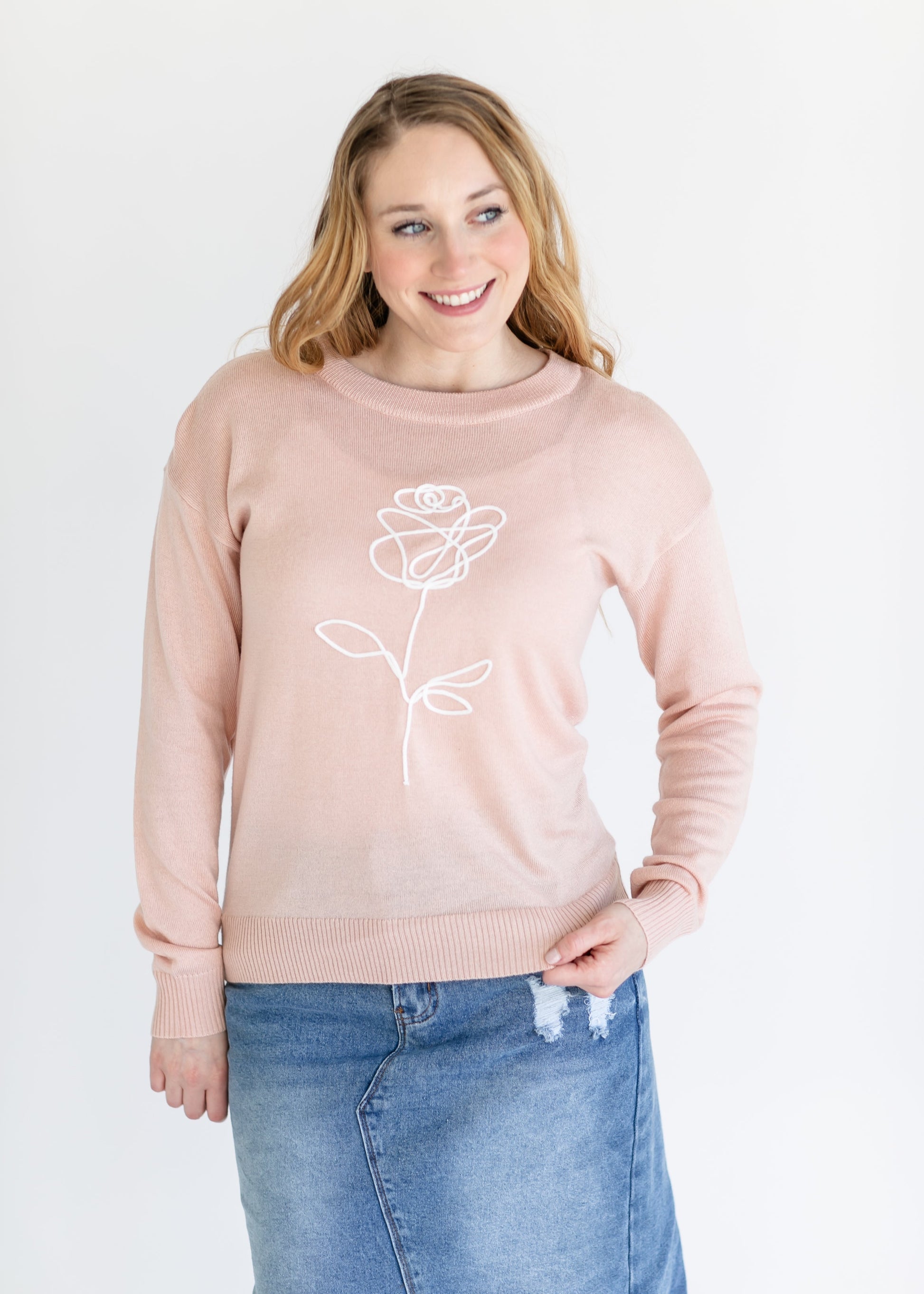 Embroidered Rose Crewneck Sweater FF Tops