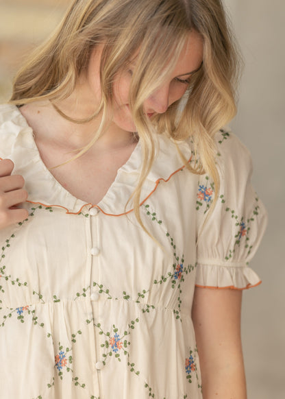 Embroidered Ruffle Collar Midi Dress FF Skirts