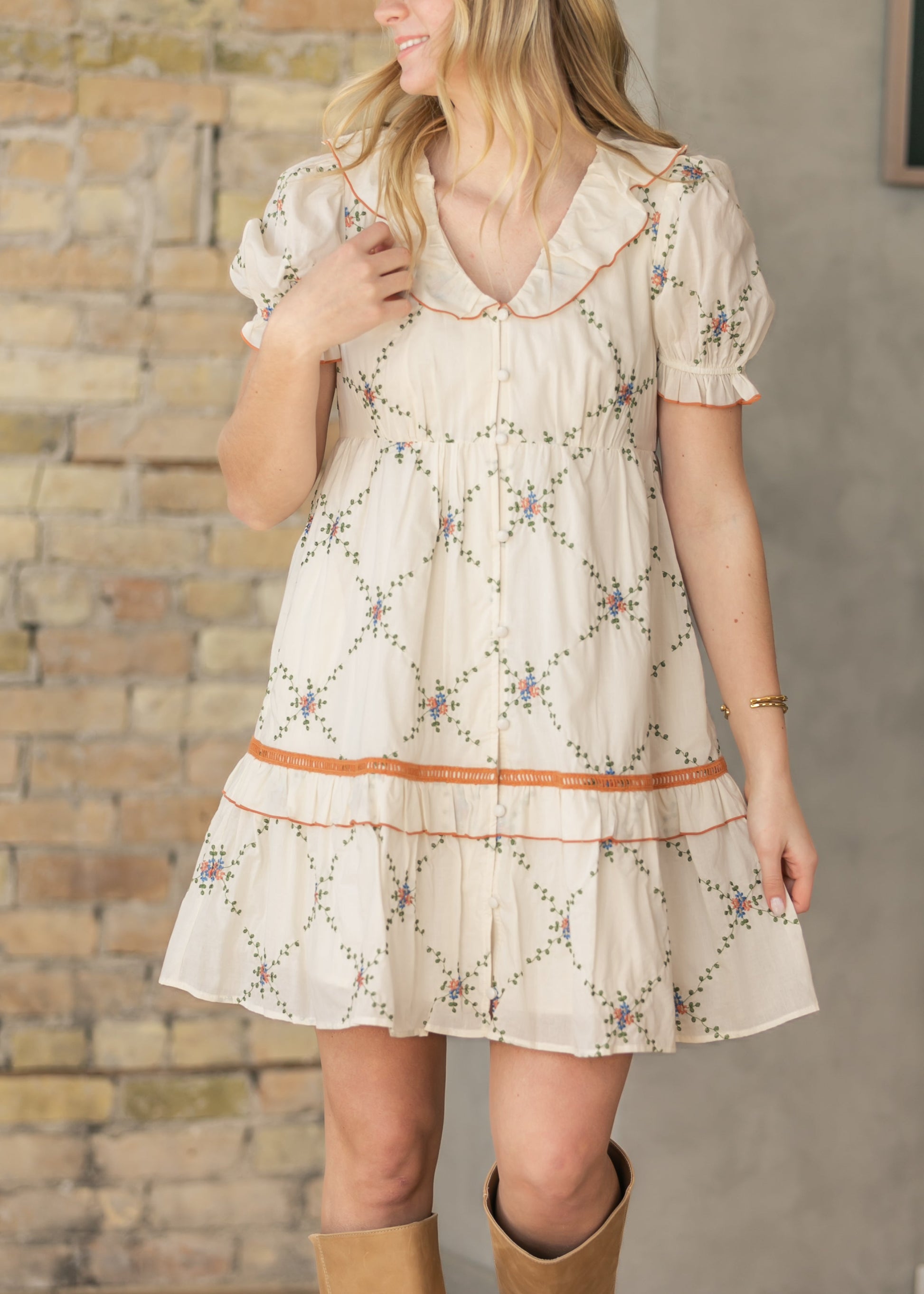 Embroidered Ruffle Collar Midi Dress FF Skirts