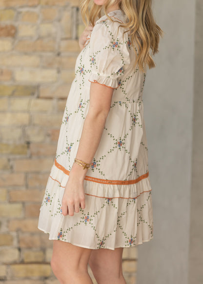 Embroidered Ruffle Collar Midi Dress FF Skirts