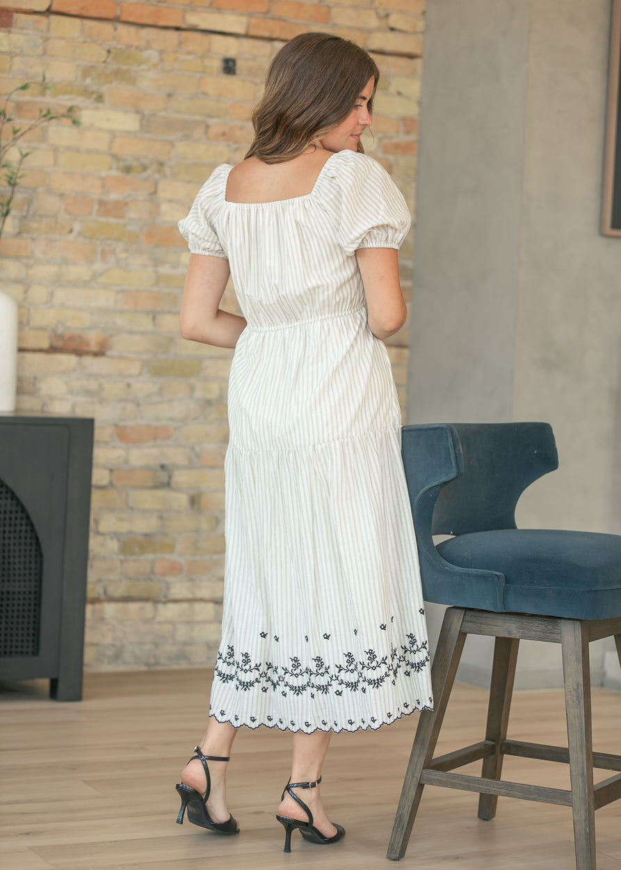Embroidered Striped Square Neck Midi Dress FF Dresses