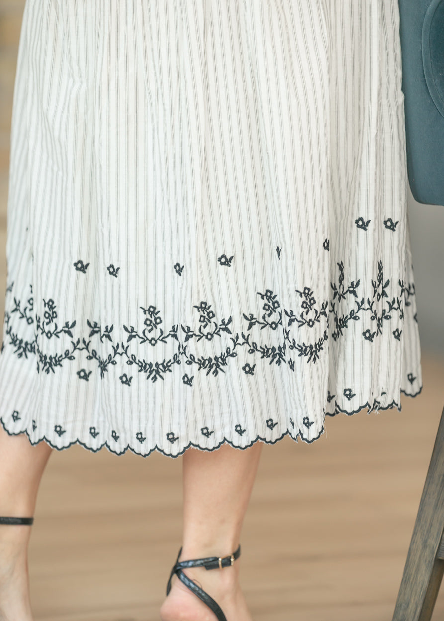 Embroidered Striped Square Neck Midi Dress FF Dresses