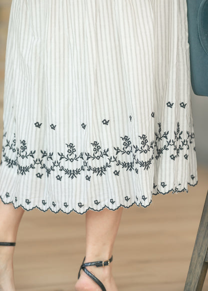 Embroidered Striped Square Neck Midi Dress FF Dresses