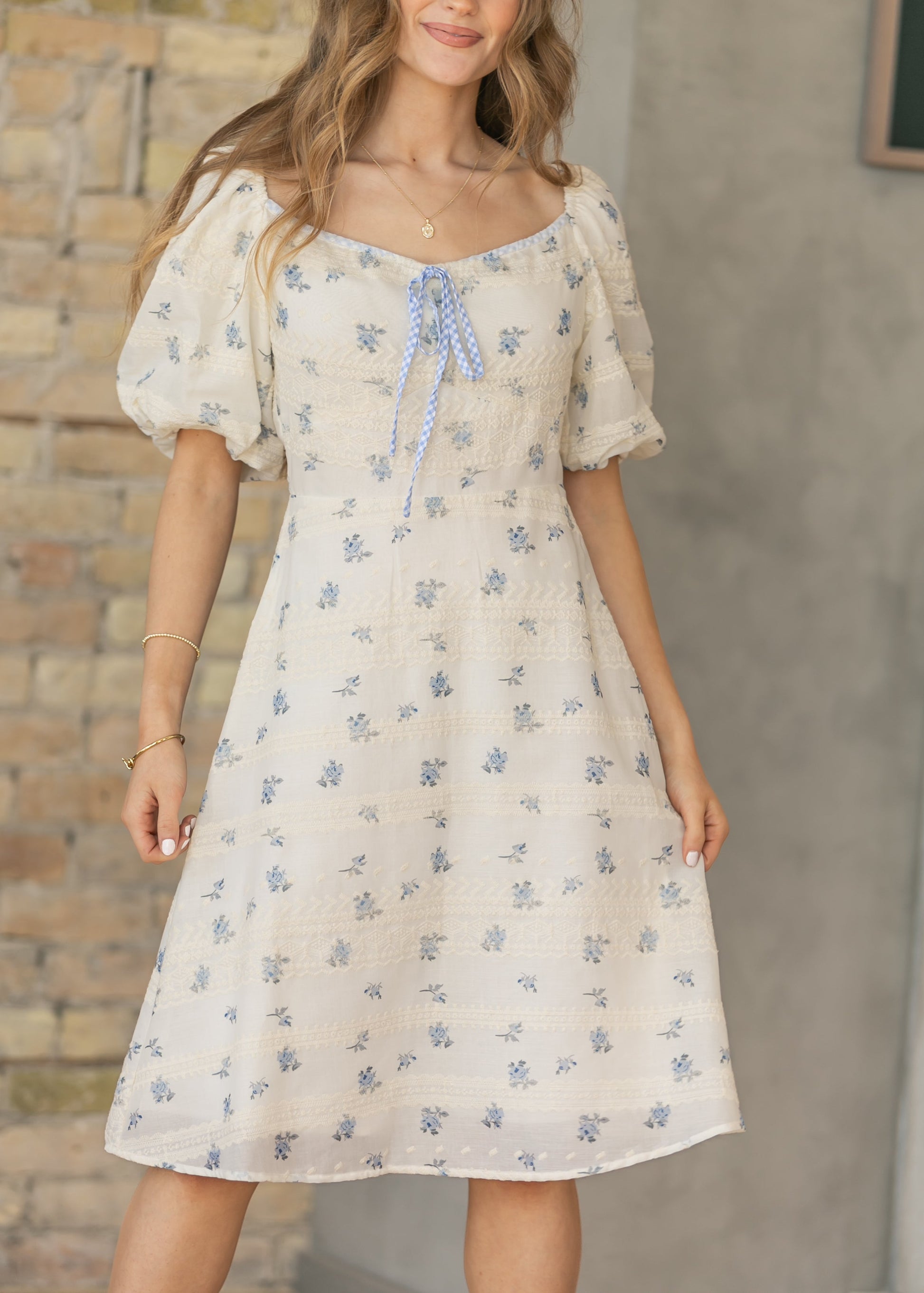 Embroidered Texture V-Neck Midi Dress FF Dresses