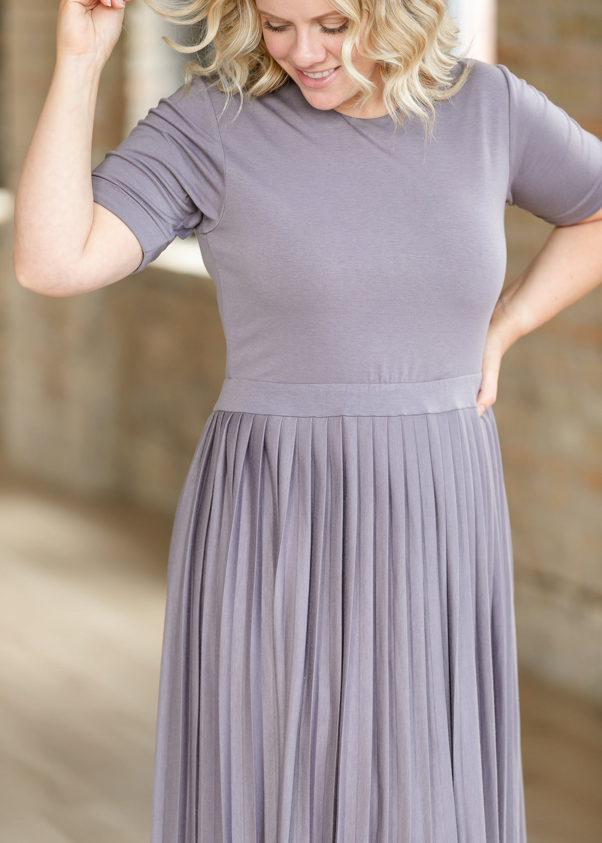 lilac pleated midi dress Doux Purple Ruffled Trim Pleated Midi Dress
